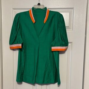 Green Puff Sleeve Top with Orange Accents